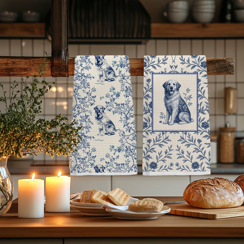 EKGJW Blue Chinoiserie Golden Retriever Kitchen Towels, Gifts for Golden Retriever Lovers Dish Tea Towels for Kitchen, Vintage French Toile Dog Decorative Hand Towel for Bathroom, 16x24 Inch Set of 2 - Image 3